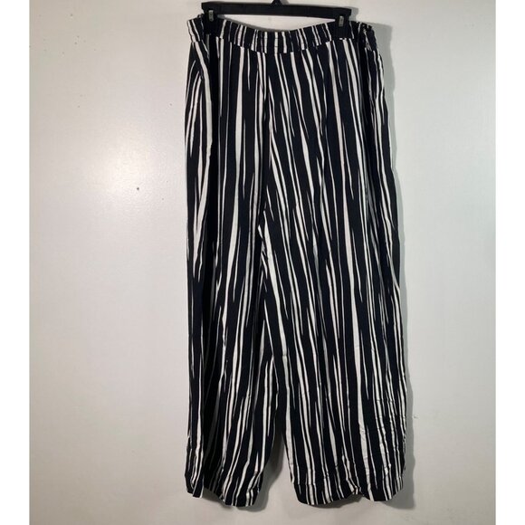 Womens Ellen Tracy Striped Wide Leg Pants Pull On Elastic Waist Black White L Dr - Picture 2 of 8